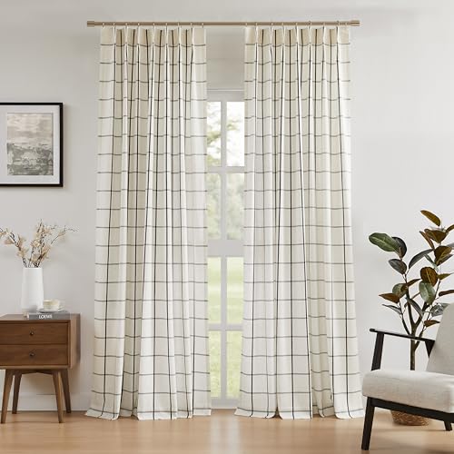 Vision Home Black Plaid Linen Pinch Pleated Semi Sheer Curtains 40Wx95Lx2 - image 1