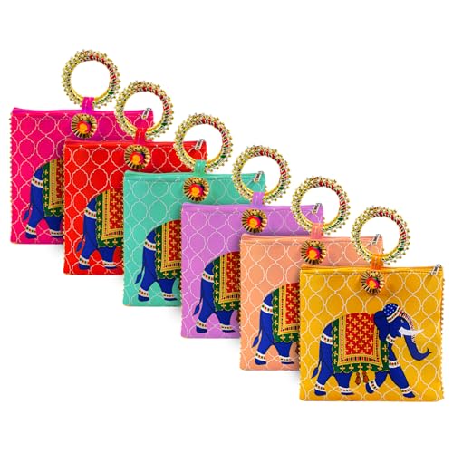 Image of Women Potli Bags Pack of 6 | Gifting Potli with Zip & Bangle Handle | Traditional Shagun Return Gifts Potli for Mehandi, Haldi, Baby Shower, Wedding, Sangeet (Elephant Print)