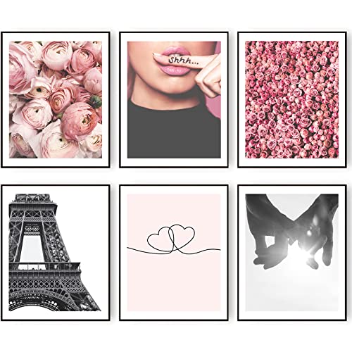 HoozGee Stampe artistiche da parete Parigi, decorazione per camera da letto, fiore rosa, linea minimalista a forma di cuore che si tiene per mano, poster alla moda per fotografia di Parigi, immagini