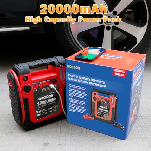 1800 Amp Jump Starter with Air Compressor, acetek Car Battery Jump Starter 260 PSI Tire Inflator, 20000mAh 12V Auto Lead-Acid Battery Booster (Up to 6L Gas or 6L Diesel Engine) with LED Light & USB - Thumbnail 6
