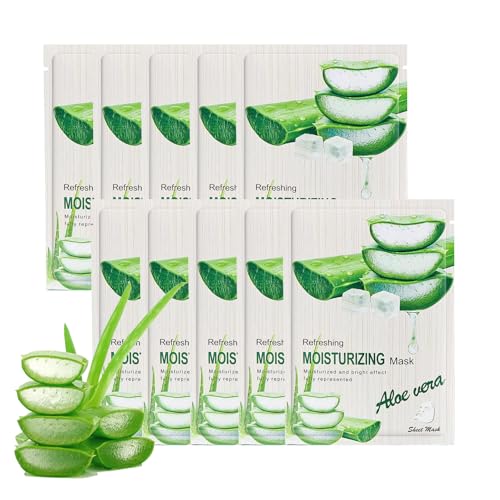 10 Stüc Aloe Vera Gesichtsmaske - Korean Skincare Set - Feuchtigkeitsspendende Gesichtsmasken für Frauen & Männer - Beruhigende Sheet Mask mit Bio Aloe - Erfrischend und Tiefenreinigung