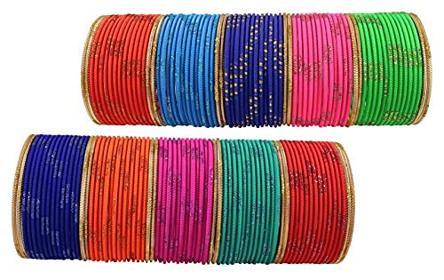Image of NMII Stylish Multi colour Metal Bangles set for women and Girls with Zari and Cutting Design | Fancy Multicolour Bangles for women | Metal Chudi Set For Women | Women's Bangles