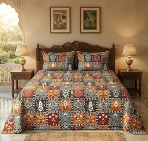 Image of VAS COLLECTIONS 240 TC Cotton Double Bedsheet with 2 Pillow Covers (90x100 Inch) Soft Breathable Skin Friendly Jaipuri Printed King Size Bedding Set for Bedroom Decor (Char Bagh Print)
