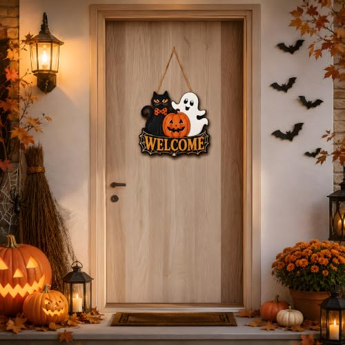 Image of Halloween Party Decorations - Halloween Welcome Wreaths Sign for Front Door | Wooden Black Cat Ghost Pumpkin Hanging Decor for Porch Wall Door- Halloween Garland Porch Decor for Party Favors Supplies