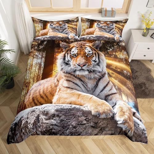 Homemissing Tiger Parure de Lit Safari Tiger Housse de Couette 140x200cm Enfants Garçons Animaux Sauvages Sets de Housse de Couette Doux Microfibre Ensemble...