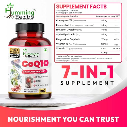 Image of Humming Herbs CoQ10 Supplement 7-in-1 with Resveratrol NAC ALA Magnesium Vitamin K2 (MK-7) & Vitamin D3 - Cellular Energy & Antioxidant Support - 180 Veg Capsules