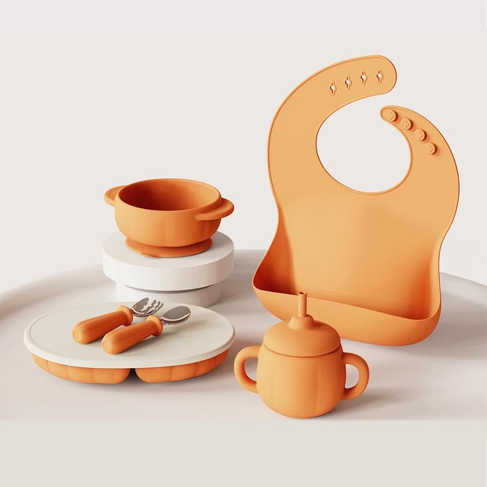 Silicone pumpkin complete baby feeding set. Toddlers led weaning. Suction bowl and divided plate, adjustable bib,sippy cup,spoon,fork - 100% Food Grade