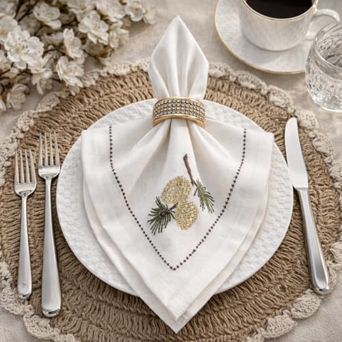 Image of R home Premium Embroidered Cotton Table Napkins Set of 6 Reusable Cloth Dinner Napkins Soft Washable Dining Table Linen Elegant Kitchen Coffee Table Decor (R home Pine Whisper, 40X40 CM)