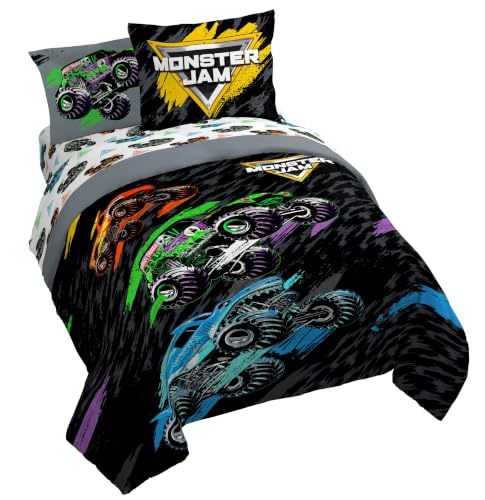 Image of Monster Jam Trucks Queen Comforter Set 7 Piece Kids Bedding for Boys, Black | Grave Digger Megalodon, Comforter Sheets Shams Pillowcases, Official Product, Soft Microfiber, Machine Washable, Boys Gift