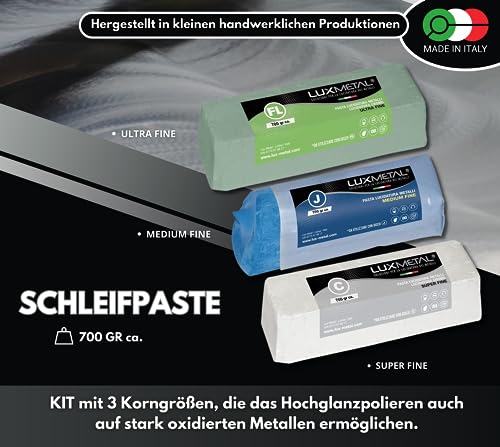 Lux Metal 3 Polierpaste 700 g (FL-C-J) Ultrafein Fein Mittel Schleifpaste Für spiegelnden Glanz Auf Edelstahl, Aluminium Messing Chrom Holz Marmor und Weitere Metall, Perfekt Zum Polieren von Messern