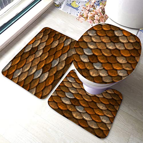 Badezimmerteppich-Set, 3-teilig, braunes und kupferfarbenes Schuppenmuster, waschbare Badteppiche, rutschfest, mit Rückenpolster, Konturteppich und Toilettendeckelbezug
