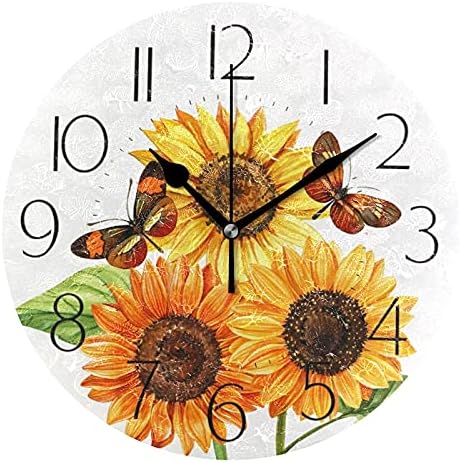 Reloj de pared redondo con girasol, diseño de mariposa floral de acuarela, 10 pulgadas, silencioso, sin tictac, decoración de cuarzo para cocina,