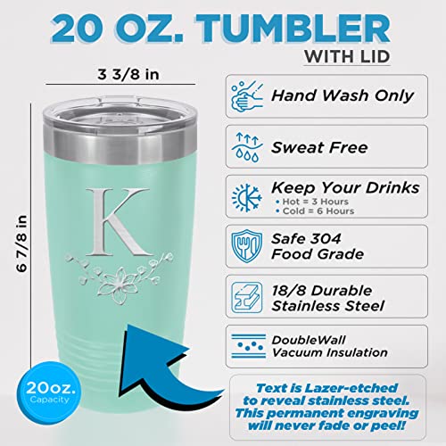 Monogram Floral Initial Coffee Teal Tumblers 20 Oz With Lid Laser Engraved In Stainless Steel Vacuum Insulated Travel Mug Cup, Custom Personalized Flower Theme Gifts (K) #TOP1