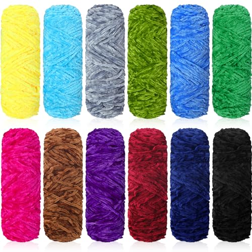 Timgle 12 Pack Chenille Yarn for Crocheting, Soft Velvet Yarn 1312 Yards, 3 mm Thick Fluffy Plush for Hand Knitting Weaving Sweater Shawl Scarf Gloves DIY Craft, 109 Yards Each(Chic Color)