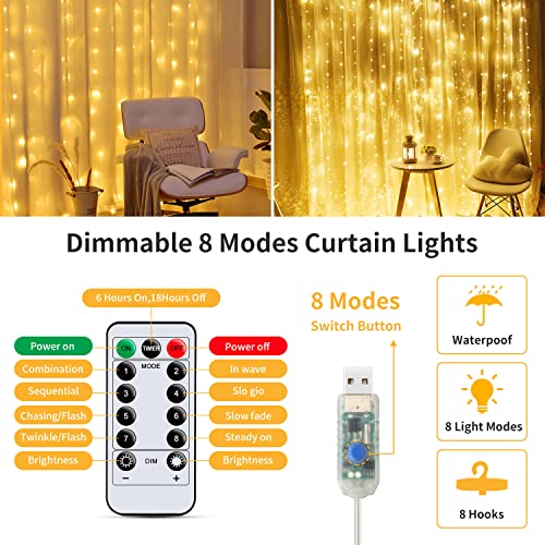 Hoteril LED USB Lichtervorhang 2.4mx1.8m, Lichterketten vorhang mit 8 Modi mit Fernbedienung Timer, IP65, verstellbare Helligkeit Lichterkettenvorhang für Deko, Garten, Pavillon, Party, Schlafzimmer