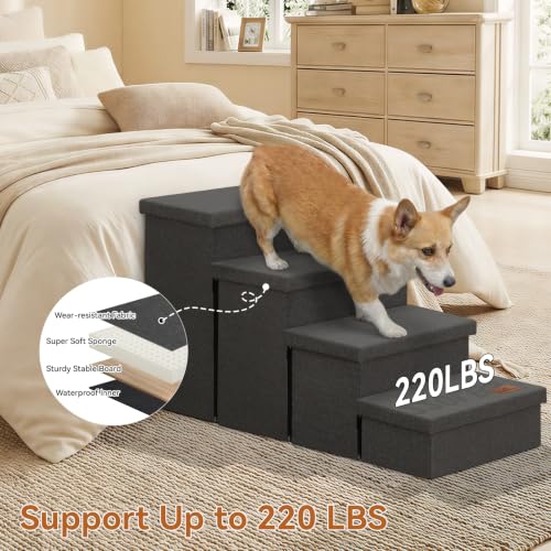Image of Zerbuger Dog Stairs with Storage, Dark Grey 4 Steps Dog Ramp no Condo | 23 inch H Wider Dog Steps for High Beds Couch, Folding Storage Pet Stairs Gift for Climbing Small /Medium /Large Old Dogs Cats