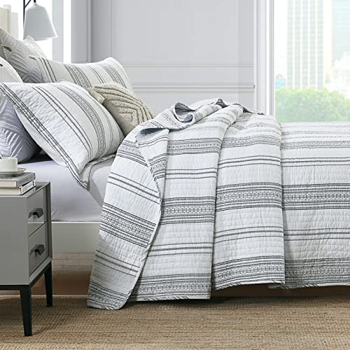 Finlonte Quilt King Size, King Quilt Set, White Navy Striped Quilt, 100% Cotton King Quilt Bedding Set, Lightweight Reversible Bedspread For King Bed, All Season, 3 Pieces #TOP1