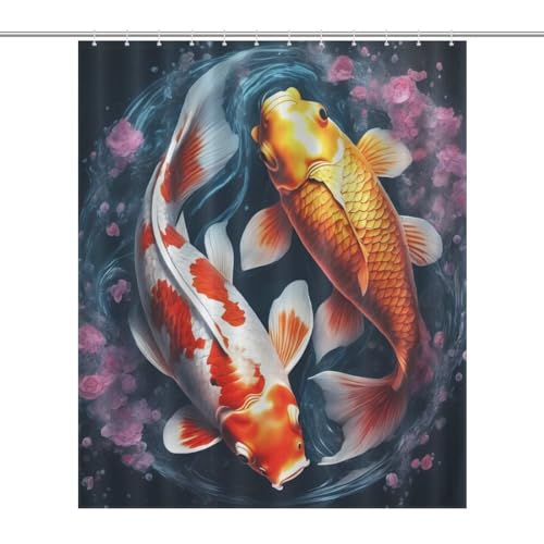 Rideau de douche poisson koï tissu polyester imperméable 152x183 cm lavable avec crochets