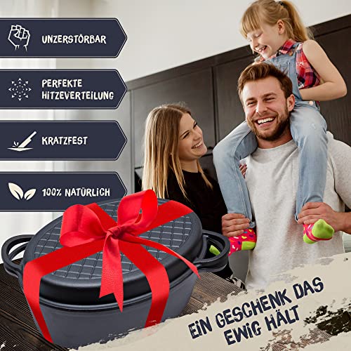 Ovaler Gusseisen Bräter Flavemotion mit Deckel und Grillpfanne