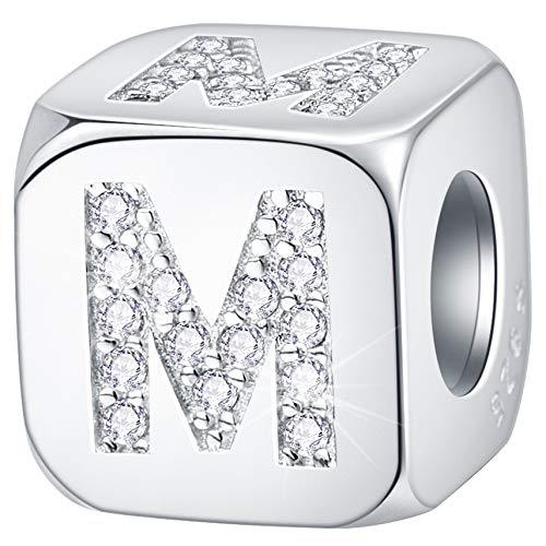 Dice-Shaped Letter M Charm Initial A-Z Alphabet Beads, 925 Sterling Silver Square Cube Charms with CZ fits Pandora Women Bracelet, Gifts for Mothers Day/Christmas/Mom/Birthday