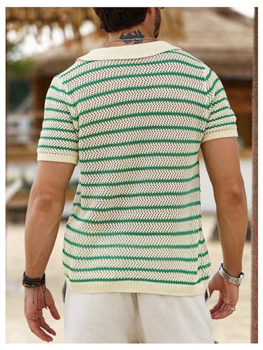 Verdusa Men's Hollow Out Knit Button Down Short Short Sleeve Striped Crochet Cardigan2