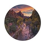 Lunarable Zion National Park Mouse Pad for Computers, Picturesque Scenery of Watchman Mountain and Virgin River at Sunset, Round Non-Slip Thick Rubber Modern Gaming Mousepad, 8' Round, Green Red