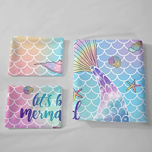 HOSIMA Mermaid Duvet Covers Bedding Set for Girls Kids Rainbow Scales Watercolor Mermaid Tail and Sea Shell Print with 2 Pillowcases(Mermaid Superking) - Image 4