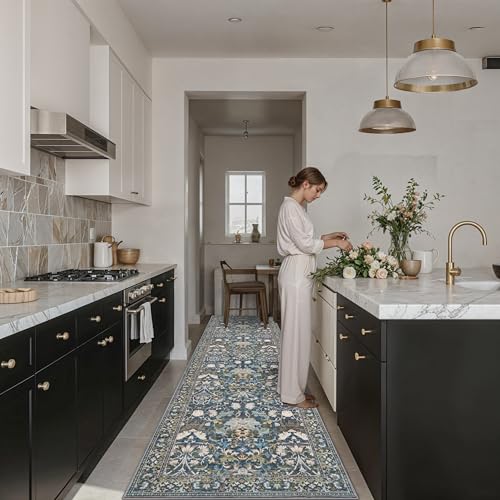 Hallway 3x10 Washable Runner Rug: Kitchen Rugs Entryway Area Rugs Vintage Soft Floor Mat Non Slip Indoor Farmhouse Carpet for Bathroom Living Room Bedroom Printed Rug for Family(3x10 Floral/Blue)