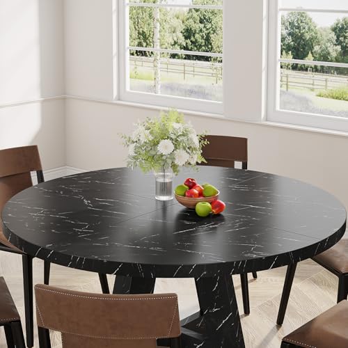 Image of Tribesigns 47 inch Round Dining Table Wood Kitchen Table for Dining Room, 47 inch Dinner Room Tables for 4-6, Farmhouse Accent Furniture with Wooden Tabletop and Cross Base, Marbled Wood