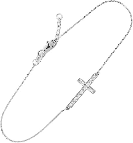 Pulsera de plata esterlina con cruz lateral con circonita (7.50 a 8.00 pulgadas), Plata de ley, Circonita cúbica