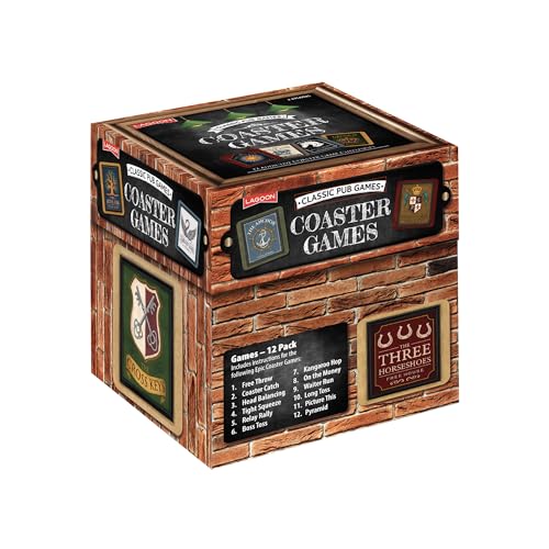 Classic Pub Coaster Games Compendium, 12 Bar Games, 40 Lagoon Pub Coasters, 2-4 Players, Brown, Green, Red, Black, and White