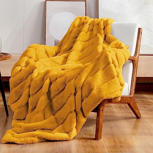 Cozy Bliss Faux Fur Blanket - Super Soft Fuzzy Striped Throw Blanket for Couch, Size 50"x 60", Extra Fluffy, Warm, Plush Blanket for Sofa Bed Living Room Bedroom (Stripe-Ginger Yellow)