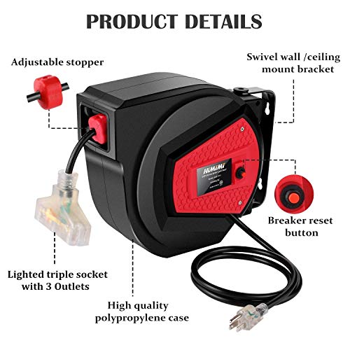 Retractable Extension Cord Reel, 50 FT + 4.5FT Heavy Duty Extension Cord Reels, 14AWG/3C SJTOW, 3 Grounded Outlets, Triple Tap with LED Lighted Connector, 13A Circuit Breaker and Adjustable Stopper