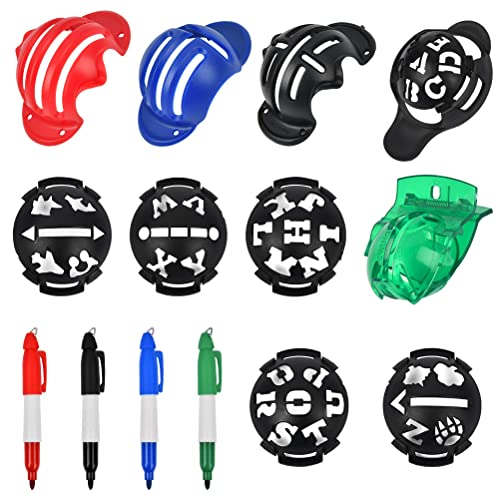 BUYGOO 10Pcs Golf Ball Line Marker Tool, 5 Patterns Golf Ball Marker Line Drawing Tool with 4 Color Golf Marker Pen, Plastic Golf Ball Liner Alignment Tool, Golf Gifts for Men and Women