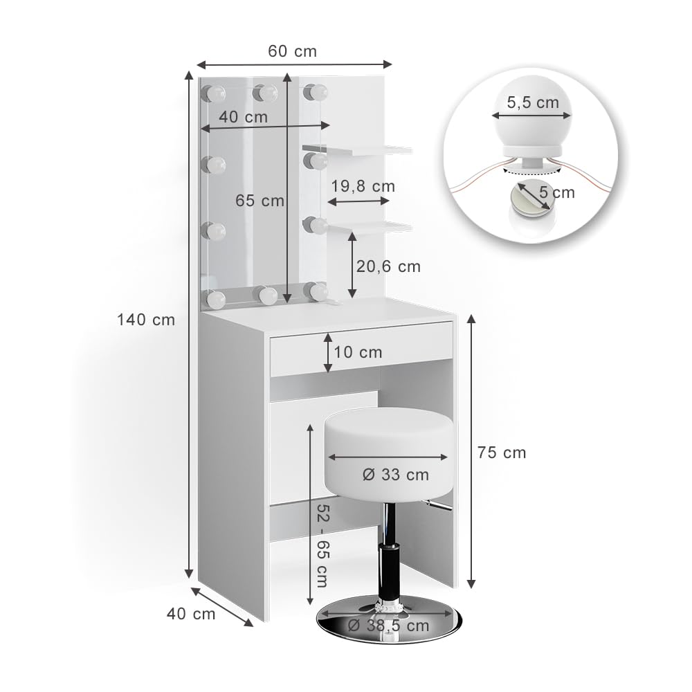Vicco Schminktisch Isabelle, Weiß, 60 cm | mit LED Beleuchtung und Hocker, Platzsparend und funktional zugleich