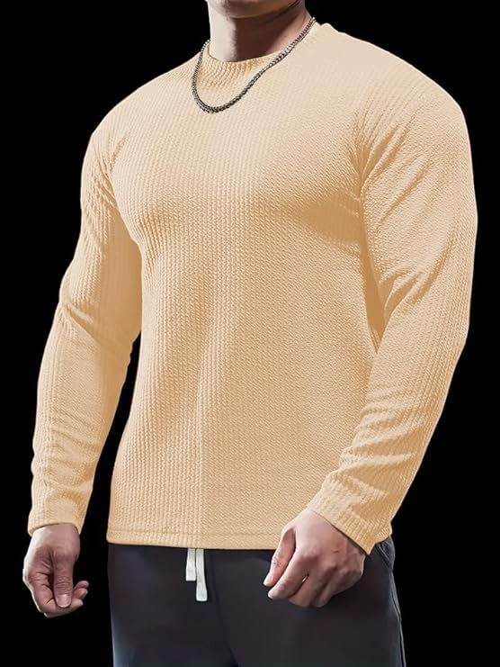 Image of Men's Polyester T-Shirt with Round Neck Long Sleeves Solid Pattern Regular Fit and Standard Length | Mans T Shirts for Casual