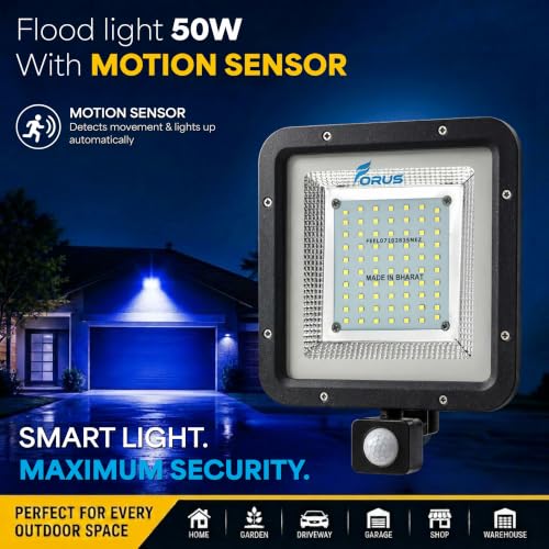 Image of Forus 50W LED Flood Light Blue with Motion Sensor Auto On Off Day Night Mode Waterproof Outdoor Security Light for Garden Parking Garage Factory Warehouse Shop High Bright Floodlight 4Yr Warranty-1Pc
