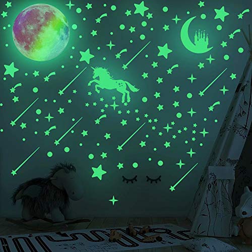 SULISHI 297 pcs Autocollant lumineux Couleur Arc-en-ciel Planète Chambre Plafond Décoration Dessin Animé Autocollant Mural y Compris Lune Château étoile Météore licorne Autocollant Cover