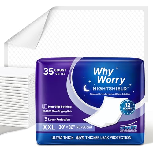 Image of WhyWorry NightShield Incontinence Bed Pads for Adults, 30 inch x 36 inch, 70 Count | Non Slip Grip, Extra Large Chucks for Women & Men, Waterproof Disposable Underpads, Overnight, Odor Control, Slip Resistant