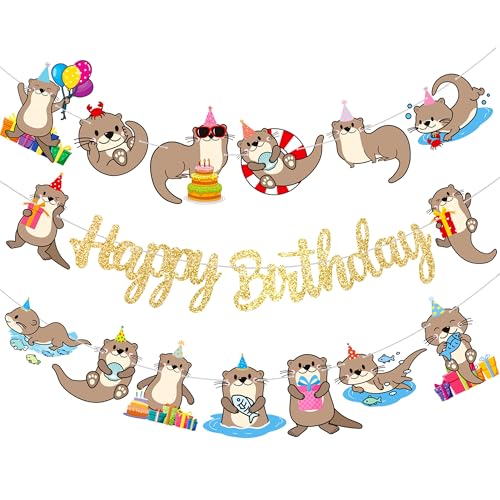 Sea Otter Birthday Banner Decorations Gold Cute Otter Happy Birthday Banners Sea Animal Party Decorations for Ocean Theme Birthday Party Supplies