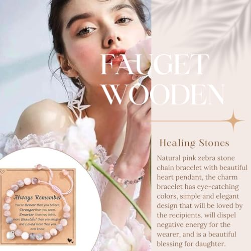 Natural Stone Healing Crystal Bracelets, Adjustable Stretch Pink Zebra Bracelet Crystal Jewelry Yoga Meditation Relax Gifts Friendship Birthday BFF for Women Teen Girls with Encourage Quote Card - Image 4