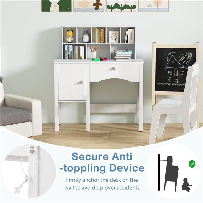 GLACER Kids Desk and Chair Set, Wooden Children Study Table with Hutch, Shelves, Storage Cabinet and Drawer for Writing, Reading, Drawing, School Student Desk for Bedroom, 3+ Years Old (White)