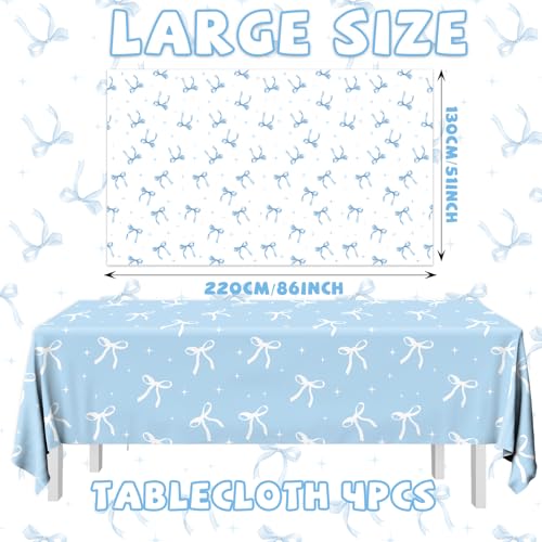 Image of 4Pcs Blue Bow Tablecloth,Coquette Birthday Decorations Blue and White Bow Table Cover Plastic Rectangle Table Cloth for Women Girls Birthday Engagement Decor