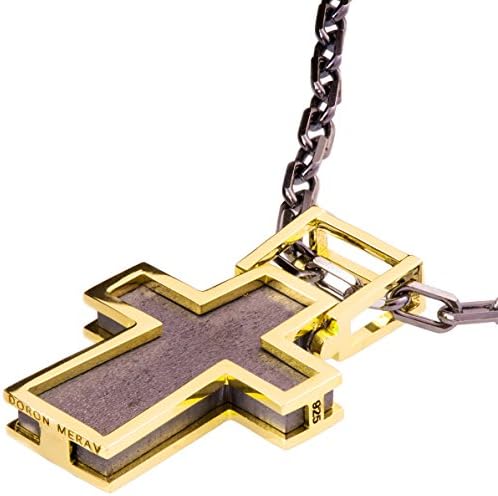 Doron Merav Solid 18K Yellow Gold Cross Pendant for Men Necklace Black Two Tone Steampunk Chain