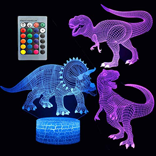 ZYTC 3D Unicorn Night Light Tres patrones y 7 colores Cambio de lámpara de decoración con control remoto Ilusión óptica como ideas de regalo para niños y niñas (Dinosaurio)