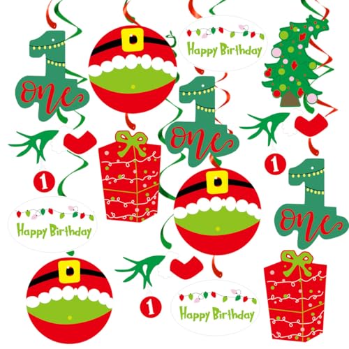 Image of 20Pcs Christmas 1st Birthday Hanging Swirls, Xmas Red Green Christmas First Birthday Party Hanging Decor Whirl,Cartoon Ceiling Streamers for Christmas Party,Guess Who is Turning One