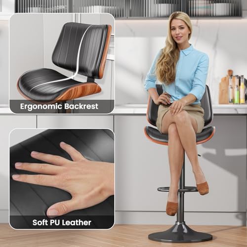 Swivel Bar Stools Set of 2, Adjustable Bentwood Barstools for Kitchen Counter, Mid-Century Modern PU Leather Upholstered Bar Chair with Back and Footrest, for Kitchen Island, Bar, Dining Room, Black - Image 6