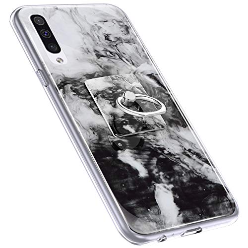 Urhause Cover Compatible with Samsung Galaxy A50 Case Sparkle Glitter Bling Marble Case TPU Silicone Ring Holder Cover 360 Degree Rotation Ring Holder Kickstand Shiny Bling Shockproof Cover Black & W