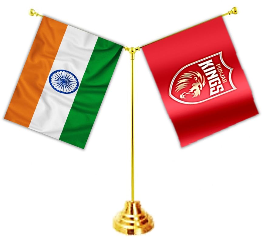 UNIq Punjab Kings/PBKS & India Flag Combo with Y-Shape Brass Stand | Miniature Desk D�cor | Premium Bright Cotton Fabric-image-48