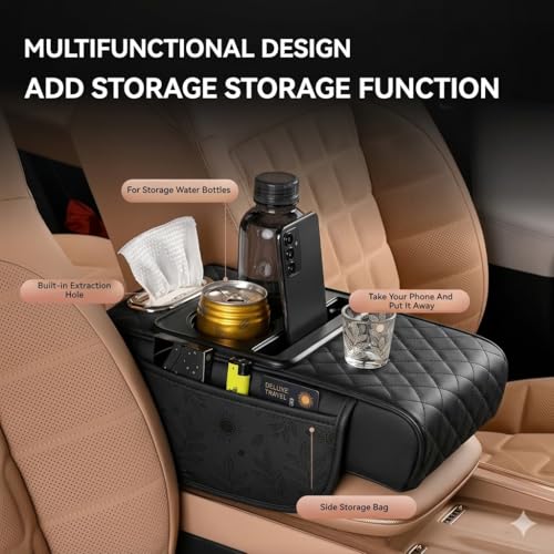Image of Car Armrest Cushion, 5 in 1 Center Console Cover with 2 Cup Holders, Phone Holder, Tissue Holder, Storage Bag, Multifunctional Leather Heightened Car Armrest Cushion for Universal Fit (Black)